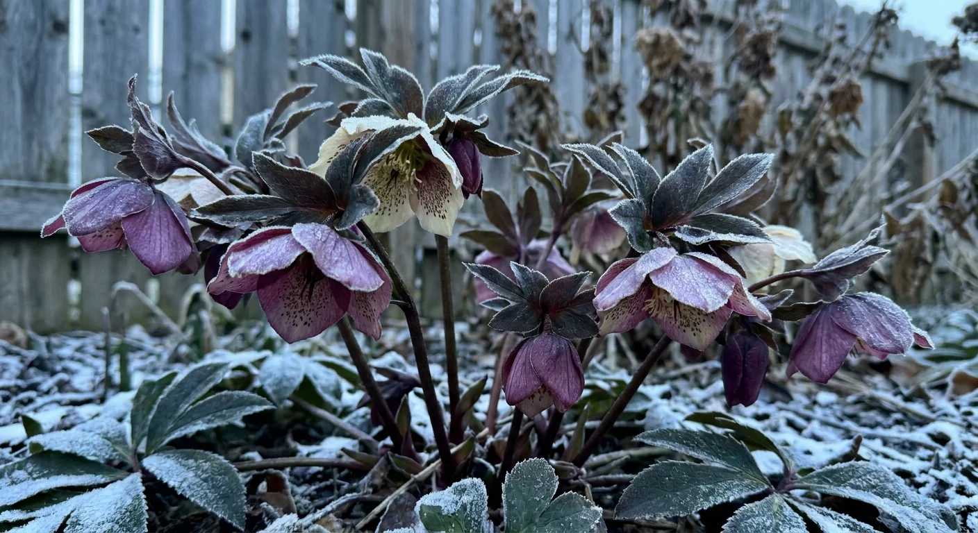 Frost-covered Lenten Roses blooming in a winter garden with purple and cream petals.