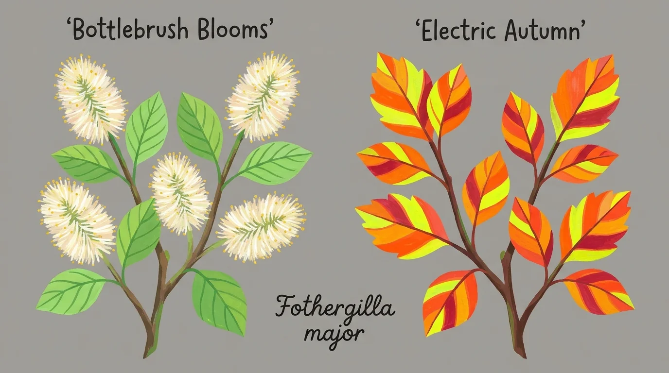 Gouache illustration comparing the white bottlebrush flowers of spring with the neon orange autumn leaves of a Fothergilla.