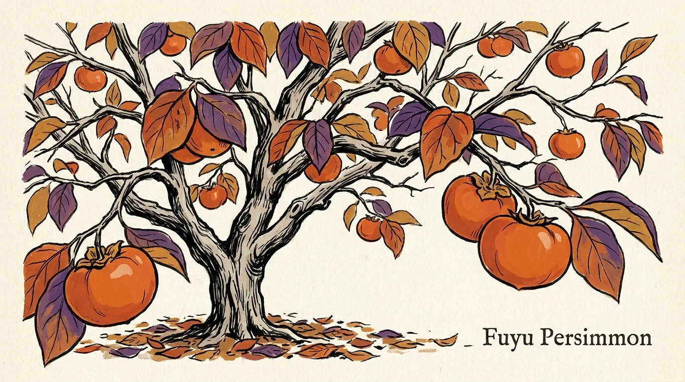 Gouache illustration of a Fuyu Persimmon tree with orange fruit and autumn leaves on cream paper.