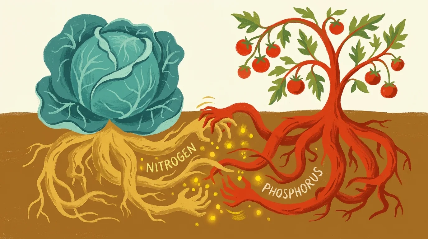 Gouache illustration of cabbage and tomato roots competing for glowing gold nutrient particles in the soil.