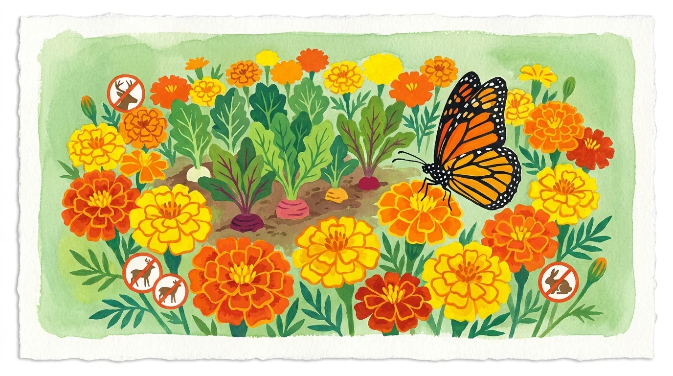 Gouache illustration of orange marigolds with icons showing they repel deer and rabbits.