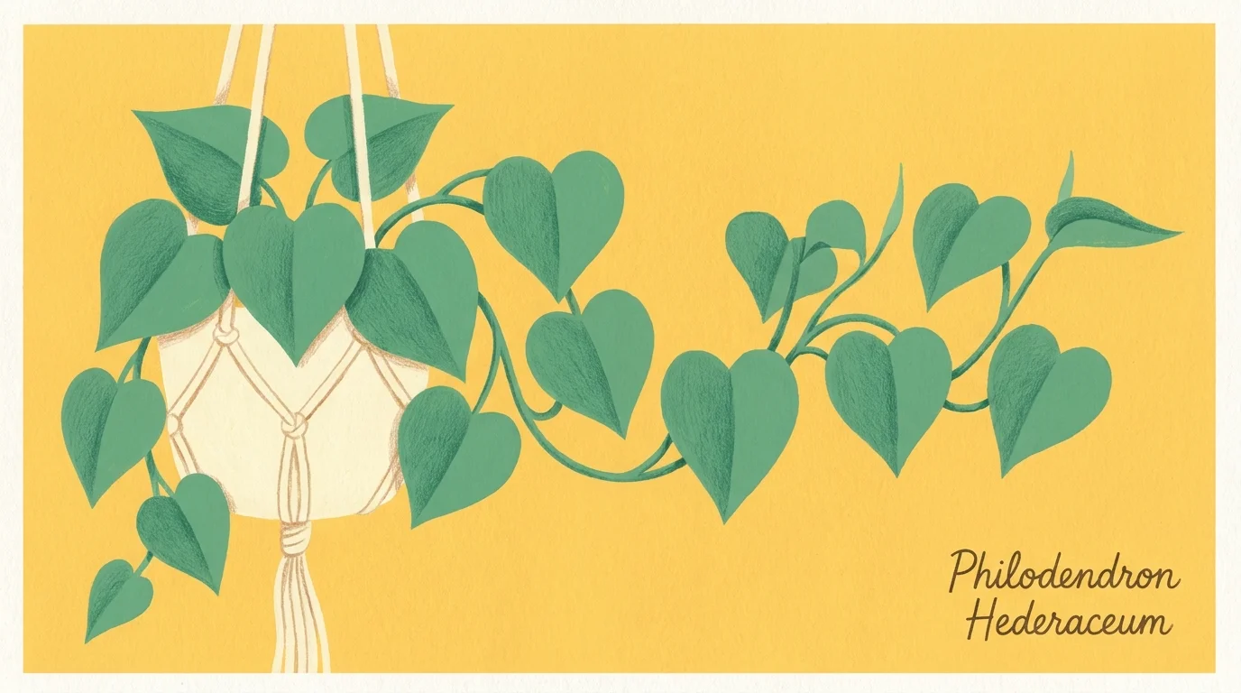 Graphic gouache illustration of a Heartleaf Philodendron in a macrame hanger against a yellow background.