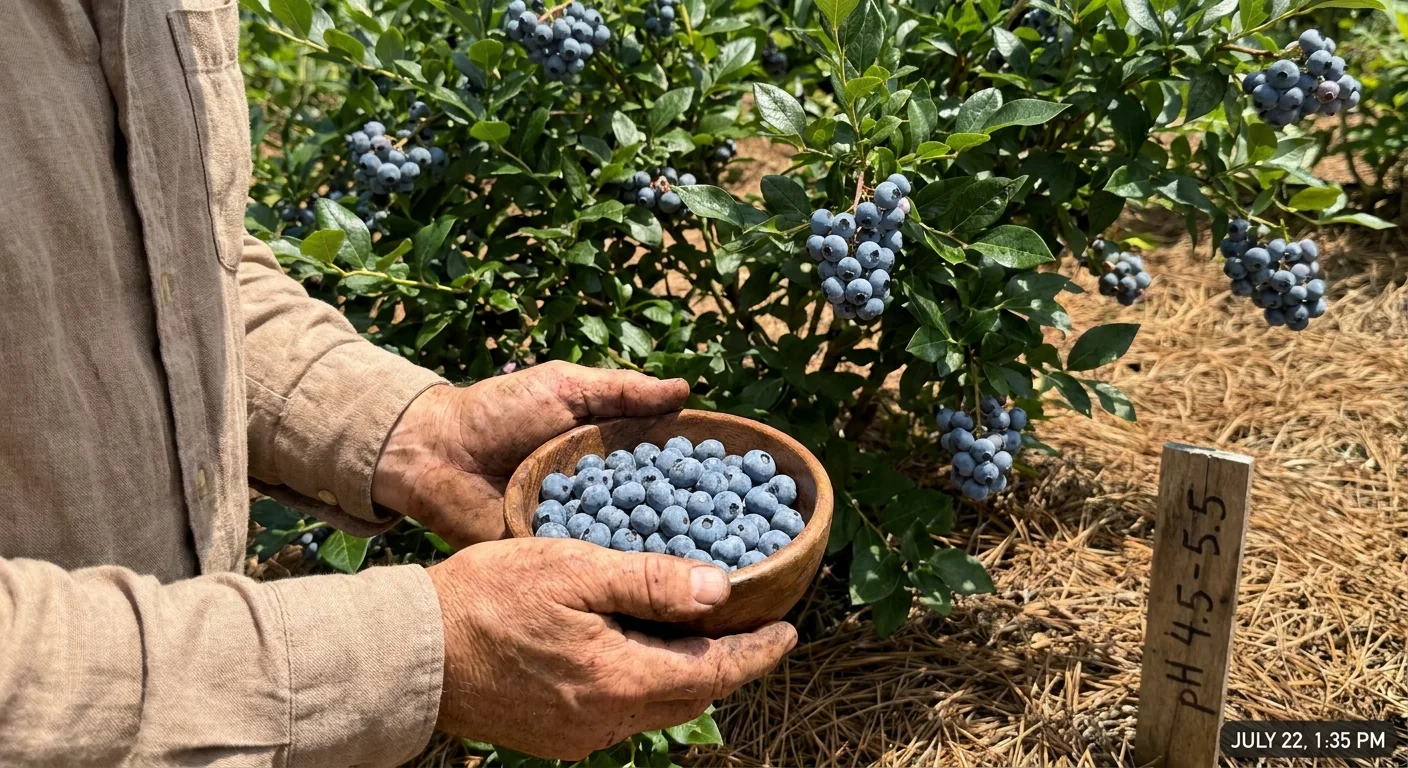 Hands holding a bowl of blueberries next to a bush with glossy green leaves and pine needle mulch.