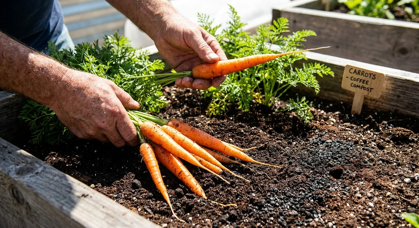 Hands pulling straight, healthy carrots from loose soil mixed with coffee grounds in a sunny garden.
