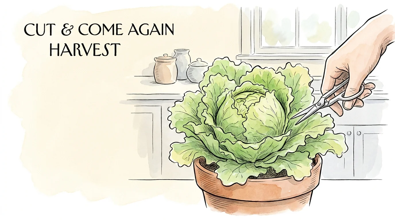 Illustration showing a hand harvesting only the outer leaves of an indoor lettuce plant to allow for continuous growth.