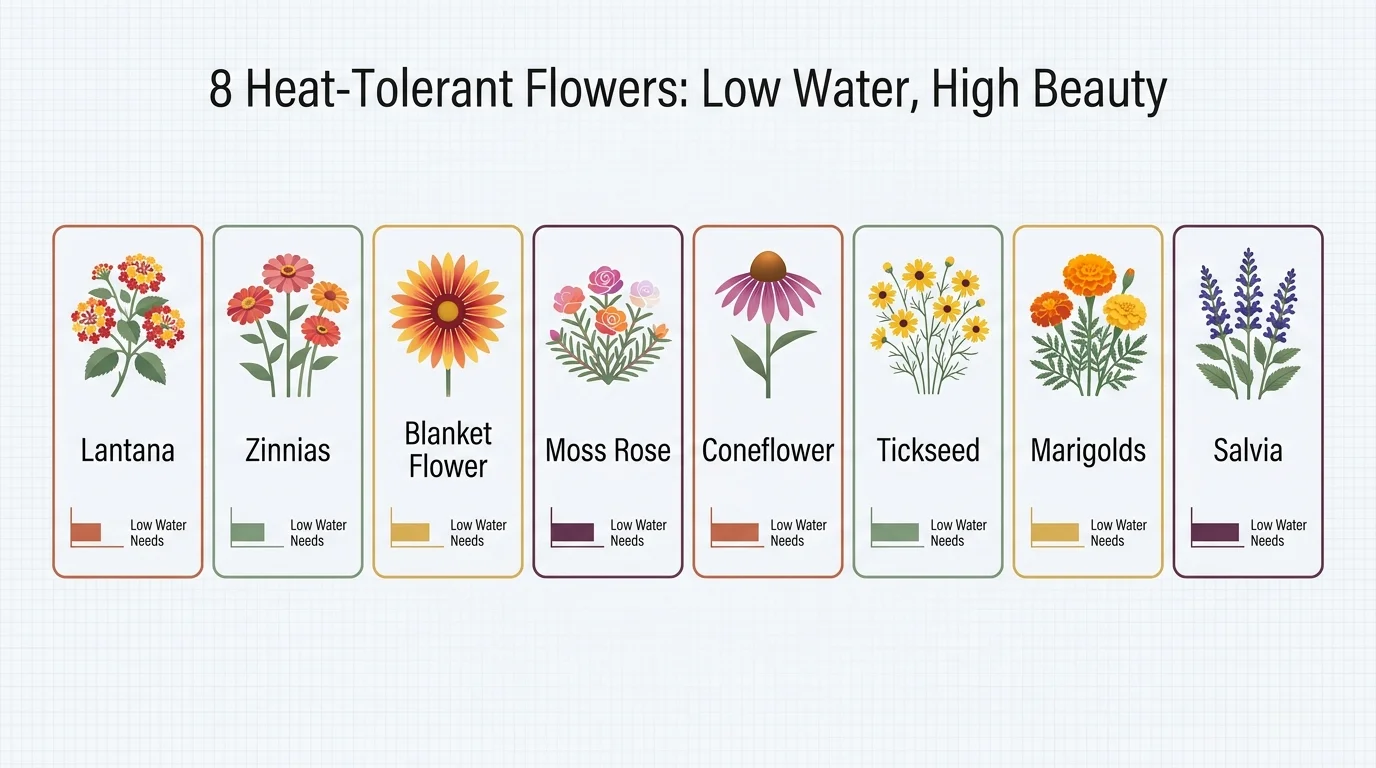 Infographic grid showing icons and names of all eight heat-tolerant flowers mentioned in the article.