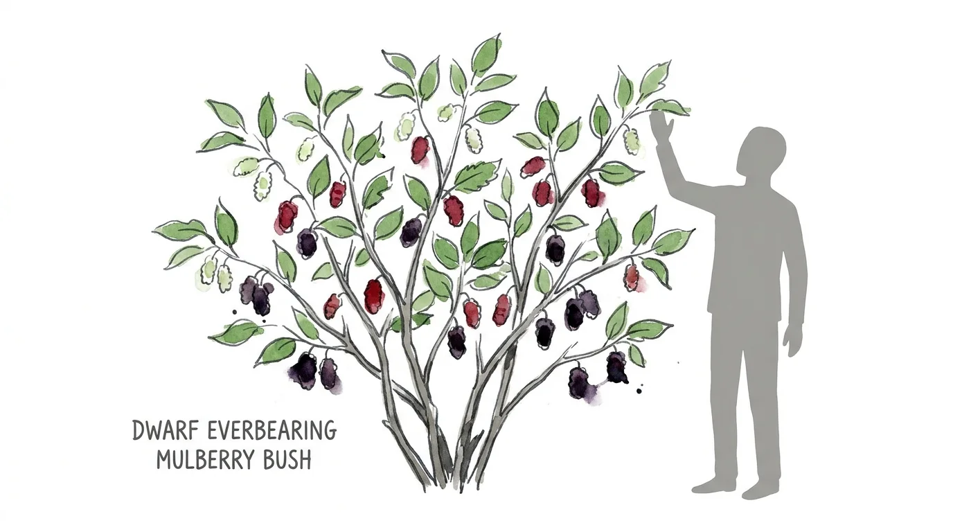 Line art and watercolor illustration of a dwarf mulberry bush showing berries in different stages of ripeness.