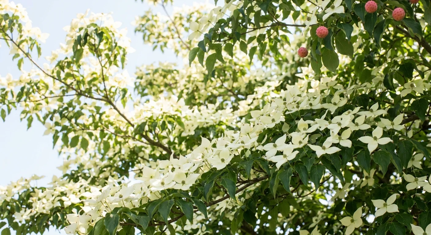 Looking up at white star-shaped Kousa Dogwood flowers against a clear blue sky.