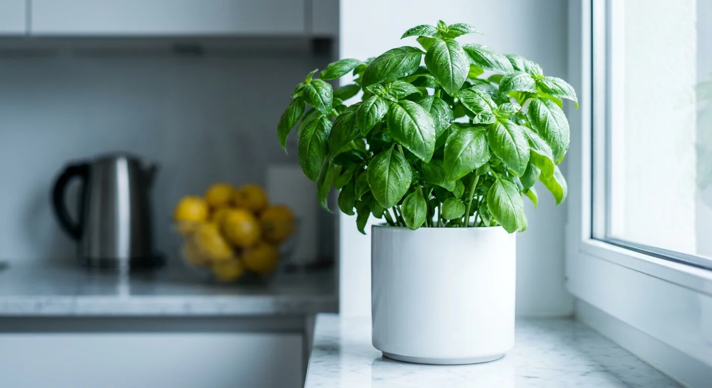 Lush green basil with water droplets on its leaves, growing in a white pot on a bright kitchen windowsill.