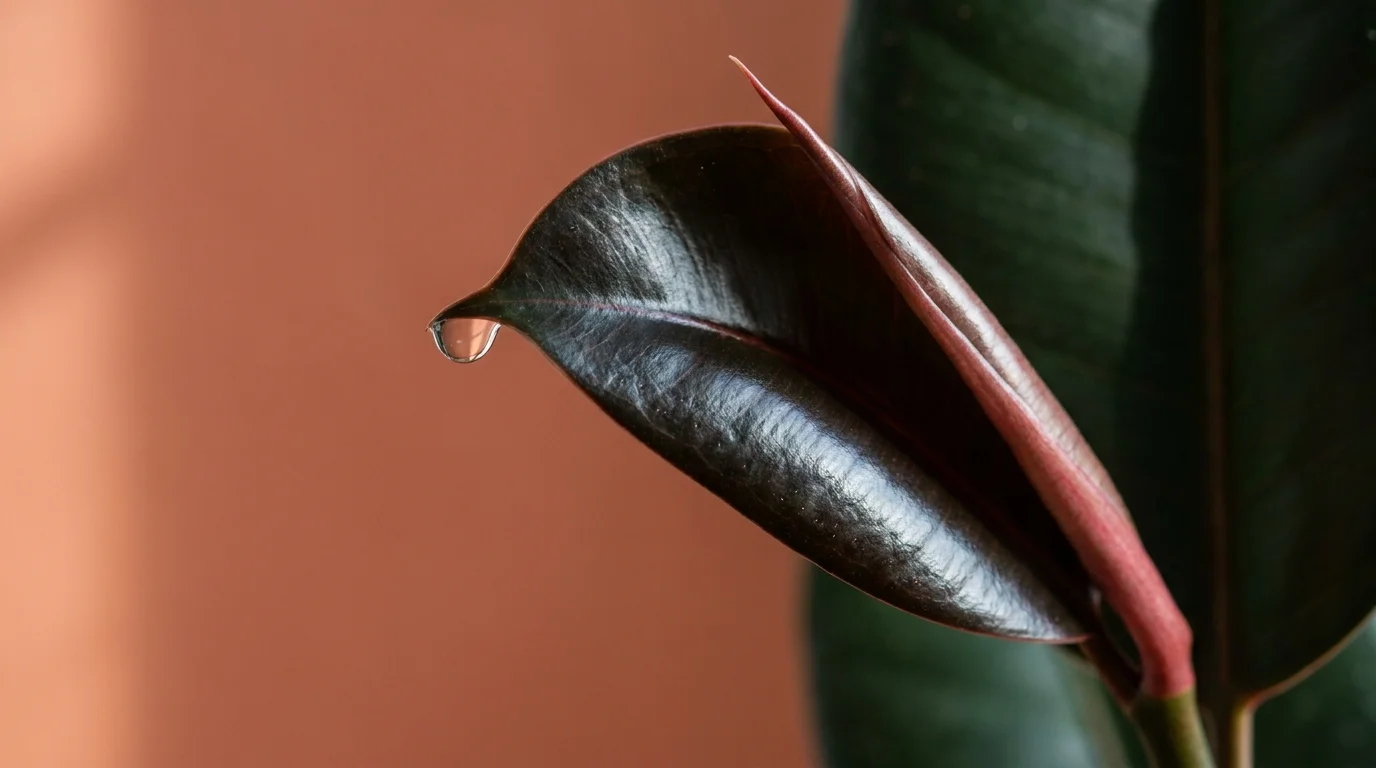Macro photo of a glossy, deep burgundy Rubber Plant leaf with a water droplet on its tip.