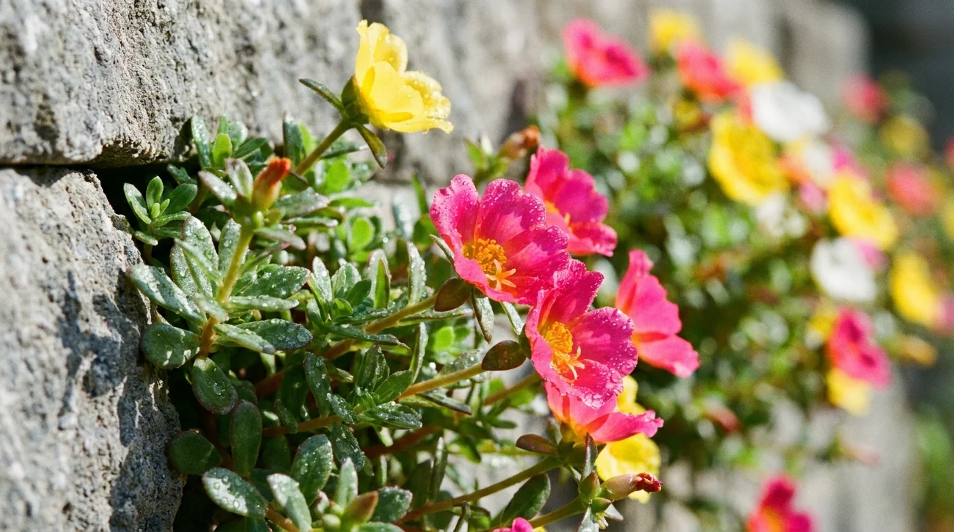 Macro photo of bright pink Moss Rose flowers blooming between the cracks of a sun-warmed stone wall.