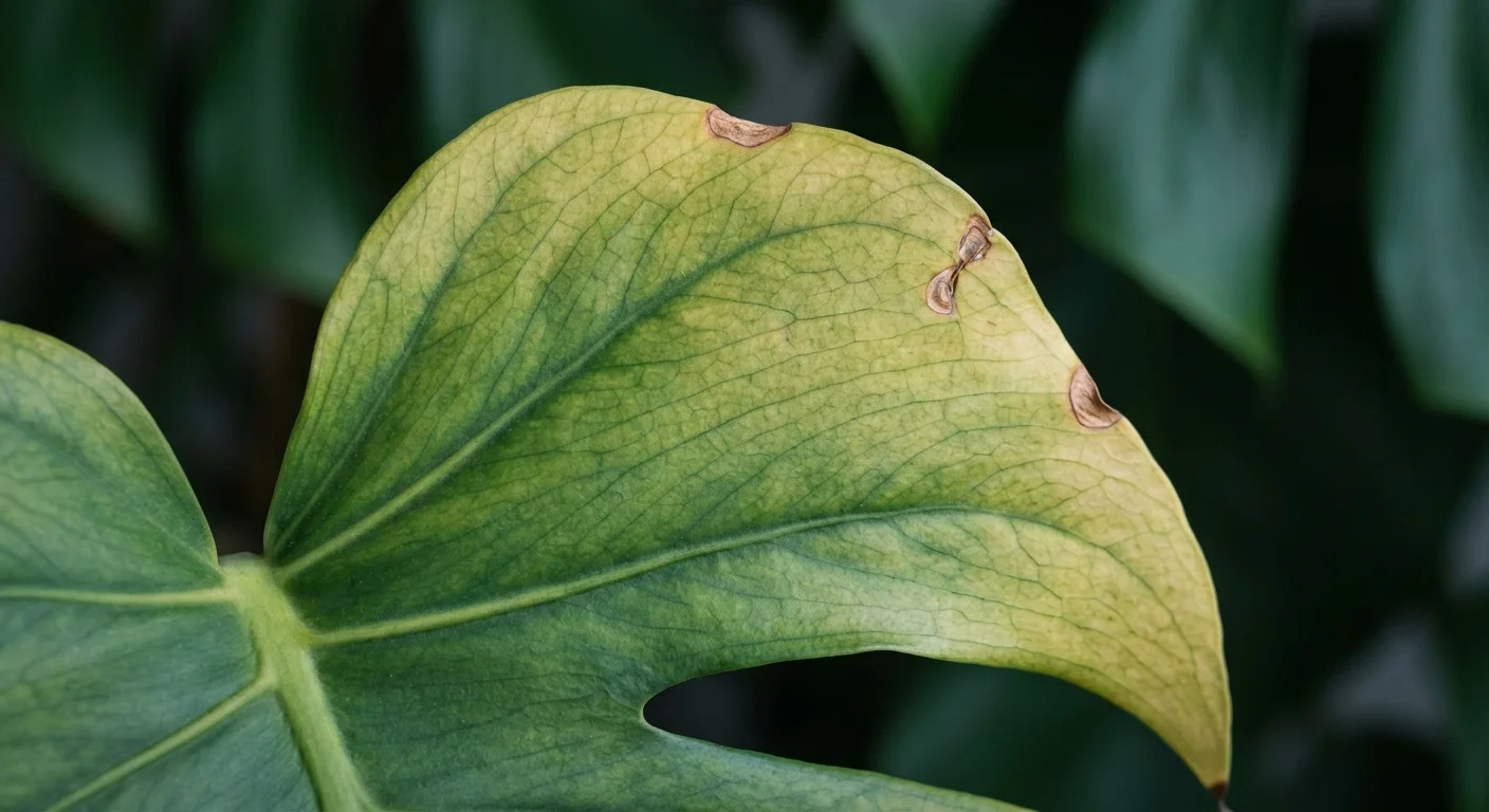 Macro photograph of a plant leaf turning yellow and showing brown spots due to nutrient deficiency.