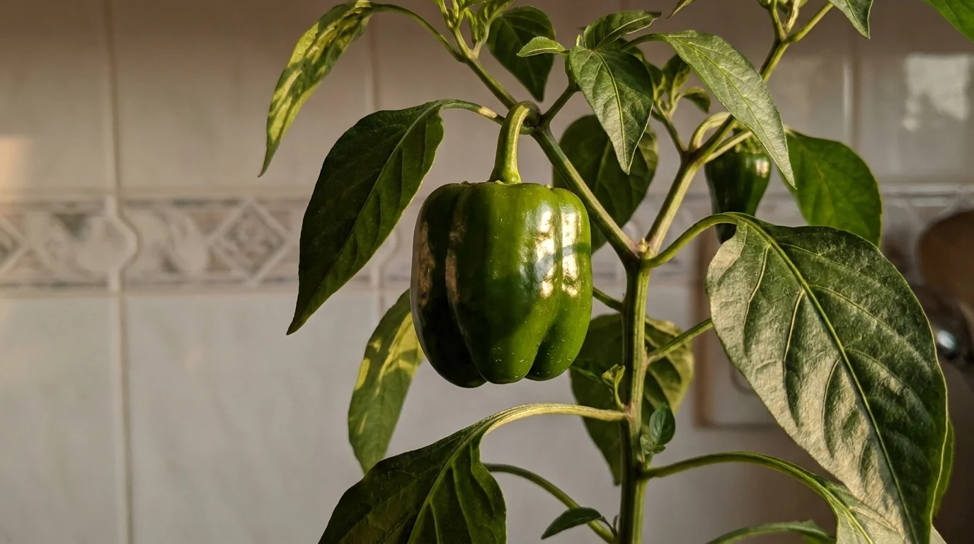 Macro photograph of a vibrant green bell pepper ripening on a plant inside a home.
