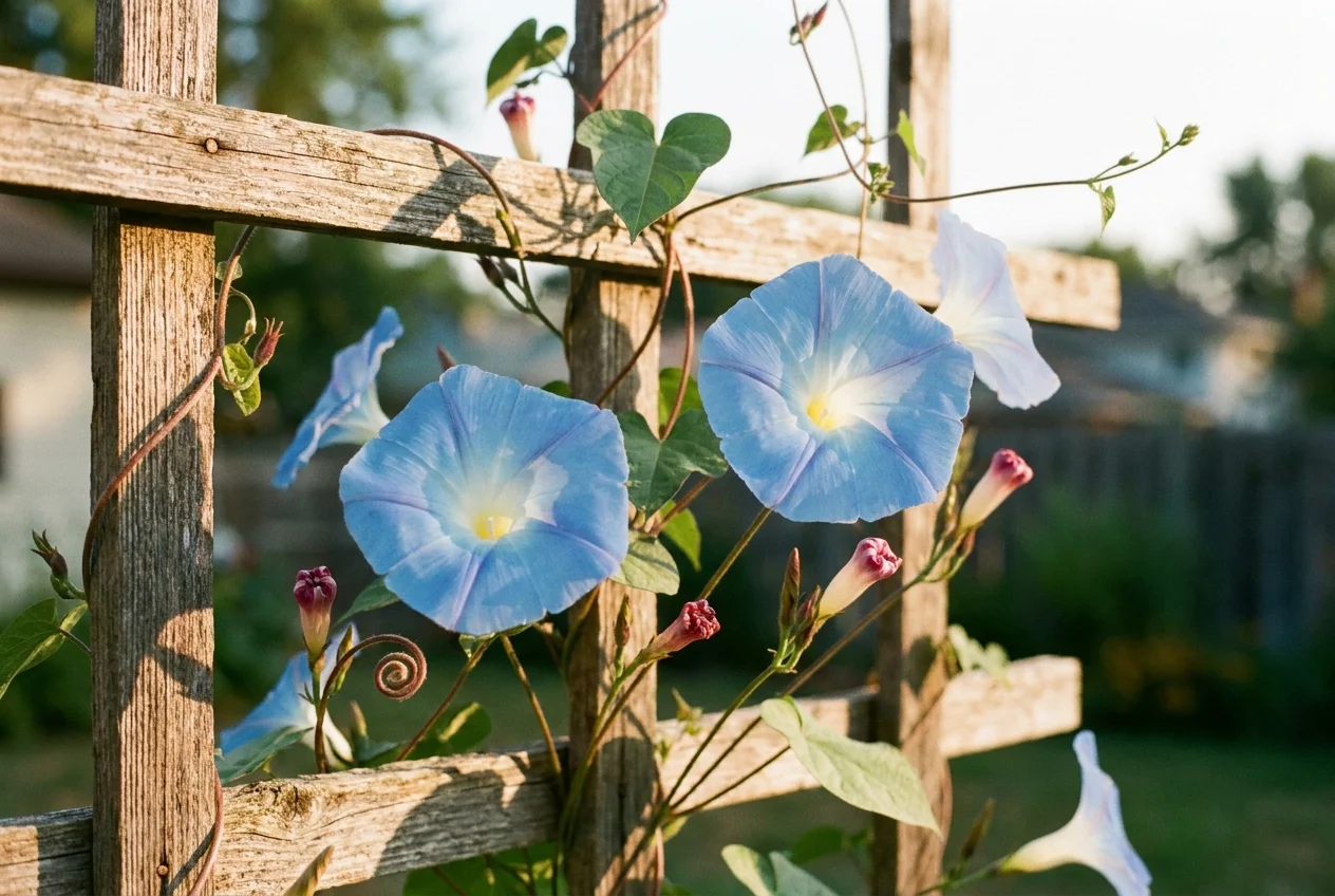 Morning glory vines on a wooden trellis with sky-blue open flowers and reddish-purple spiraled buds.