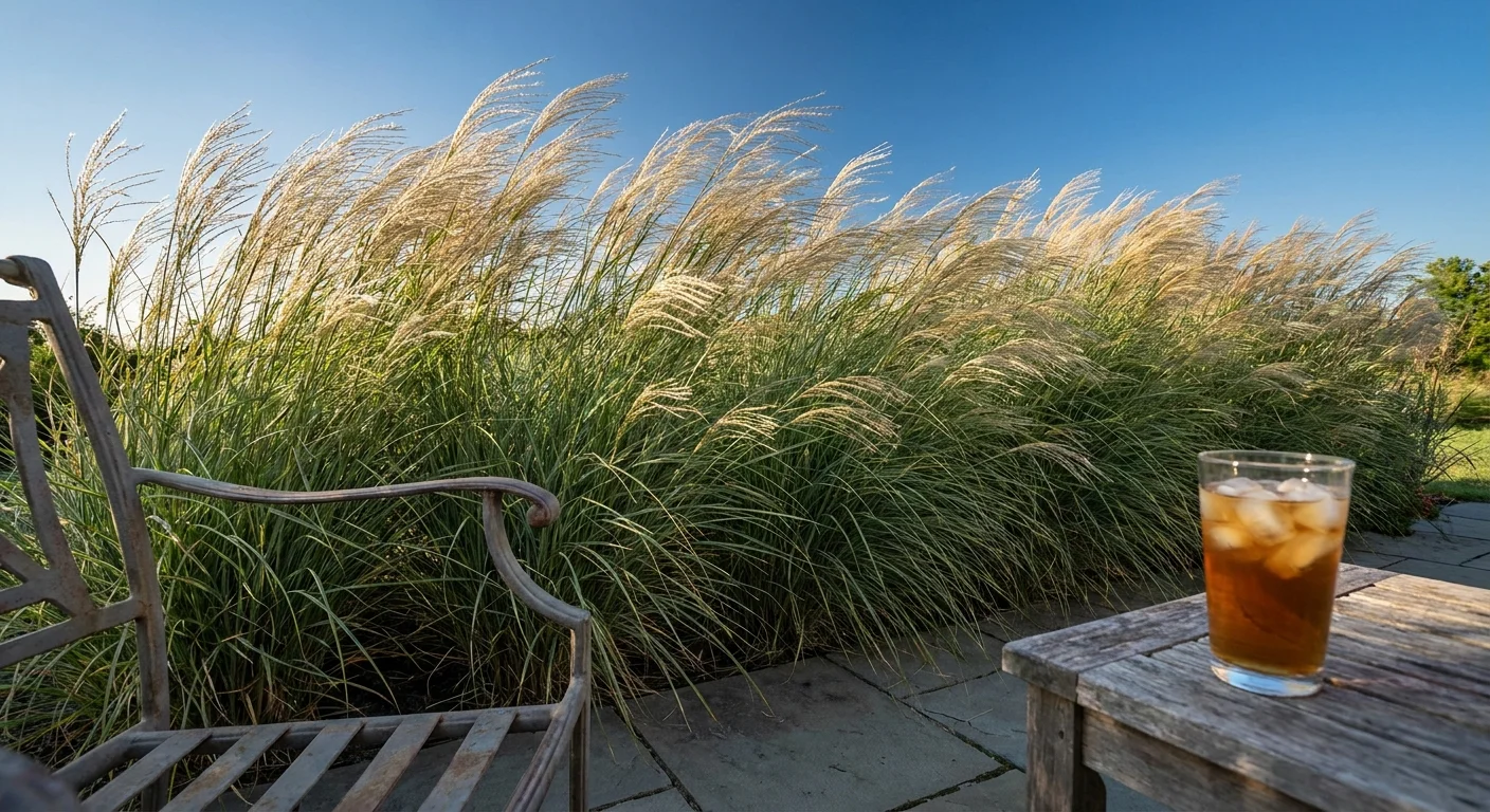 Tall ornamental switchgrass swaying in the wind next to a backyard patio at sunset.