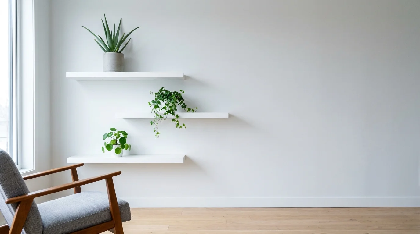 Three white floating shelves on a grey wall, each holding a single minimalist plant.