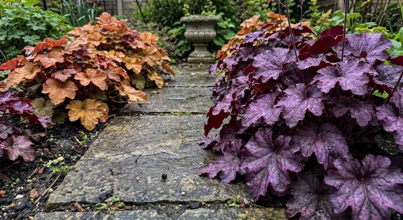 Vibrant purple and orange Coral Bells plants lining a grey stone garden path.