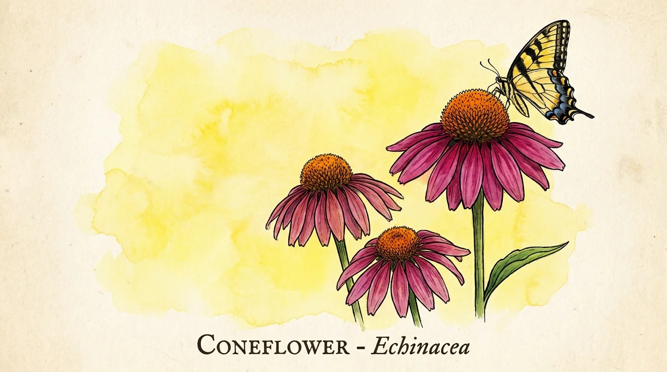 Vibrant watercolor of pink coneflowers with a butterfly landing on the center.