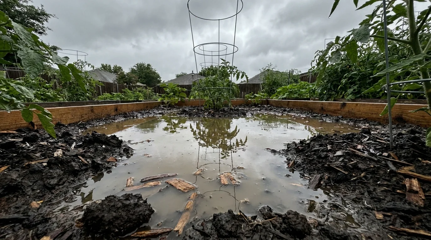 Water pooling on the surface of a garden bed after a rainstorm, showing poor drainage.