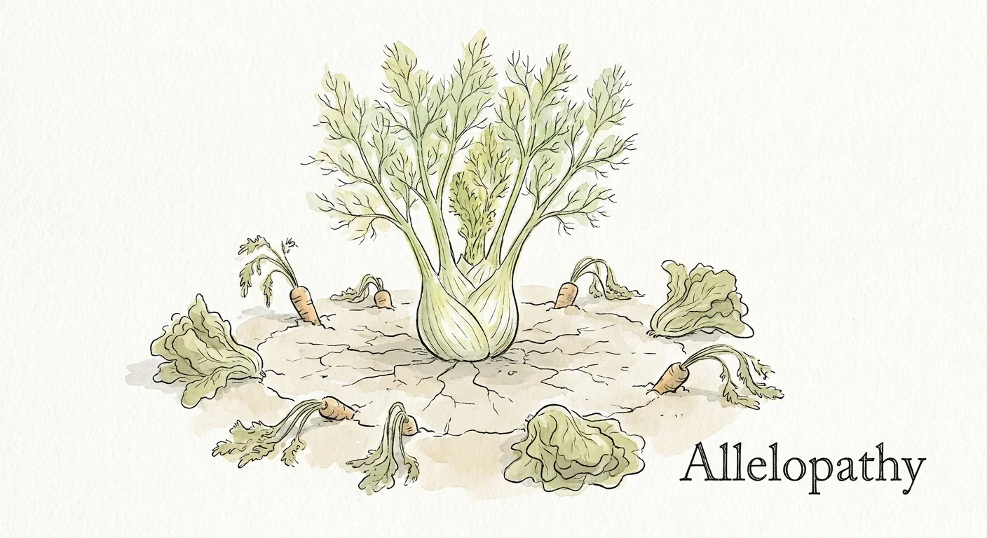 Watercolor illustration of a fennel plant surrounded by a barren circle of soil where other vegetables fail to grow.