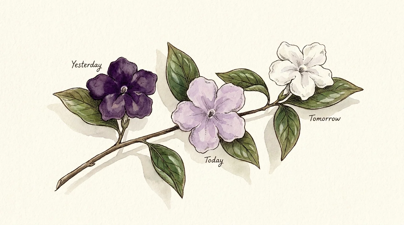 Watercolor illustration of a flower branch featuring purple, lavender, and white blooms on the same stem.