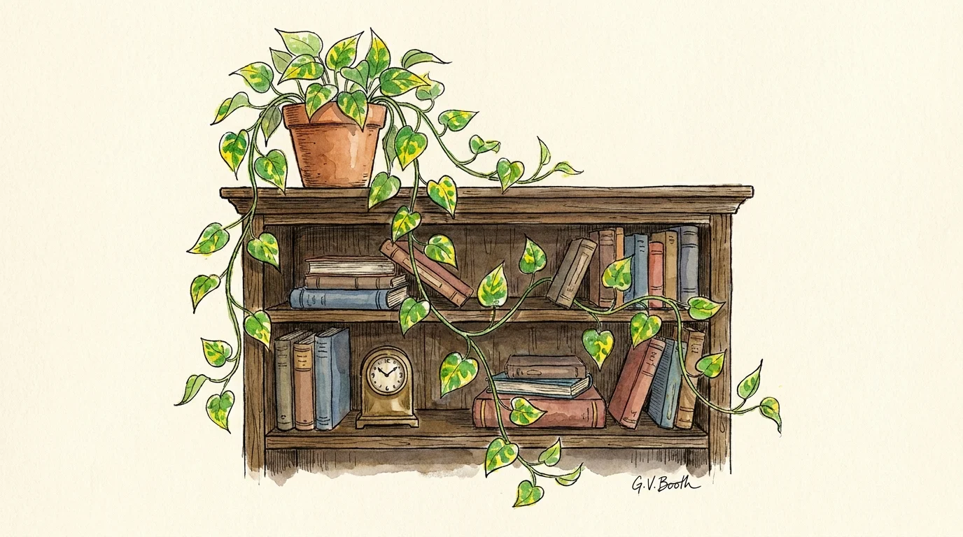 Watercolor illustration of a Golden Pothos vine trailing down from a high bookshelf like a living waterfall of green and gold.