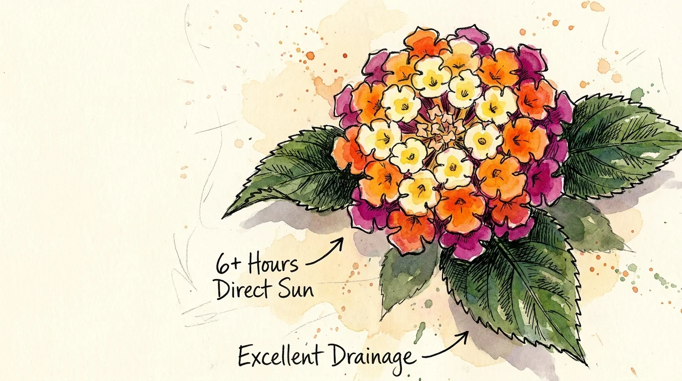 Watercolor illustration of a Lantana flower cluster showing color-changing blossoms from yellow to magenta.