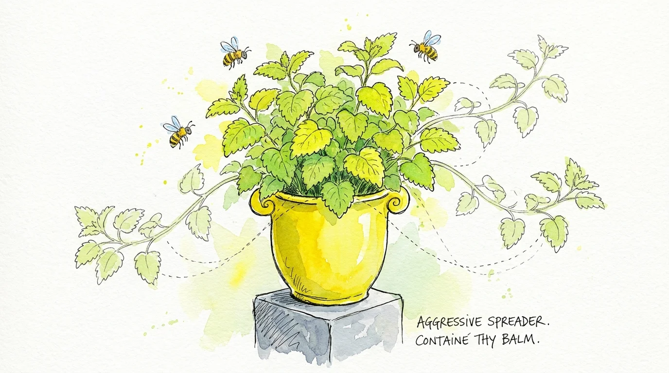 Watercolor illustration of bright green lemon balm overflowing from a yellow glazed pot, showing its vigorous growth habit.