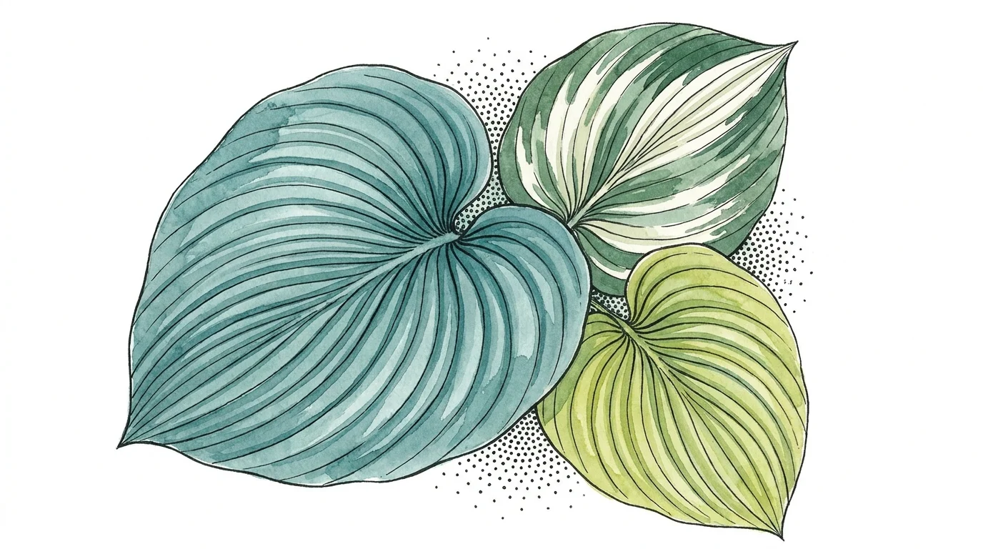 Watercolor illustration of various hosta leaves showing different patterns and textures.