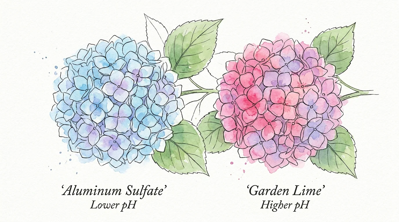 Watercolor illustration showing how soil pH changes hydrangea colors from blue to pink.
