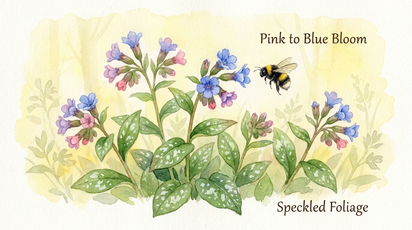 Watercolor of a Lungwort plant with spotted leaves and pink and blue flowers, with a bumblebee nearby.