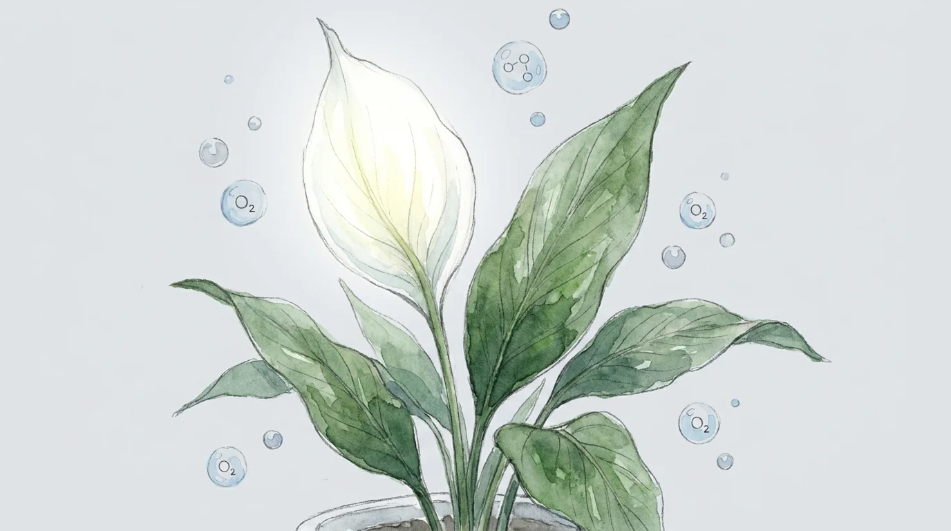 Watercolor painting of a Peace Lily with a prominent white bloom and lush green leaves, symbolizing purity and calm.