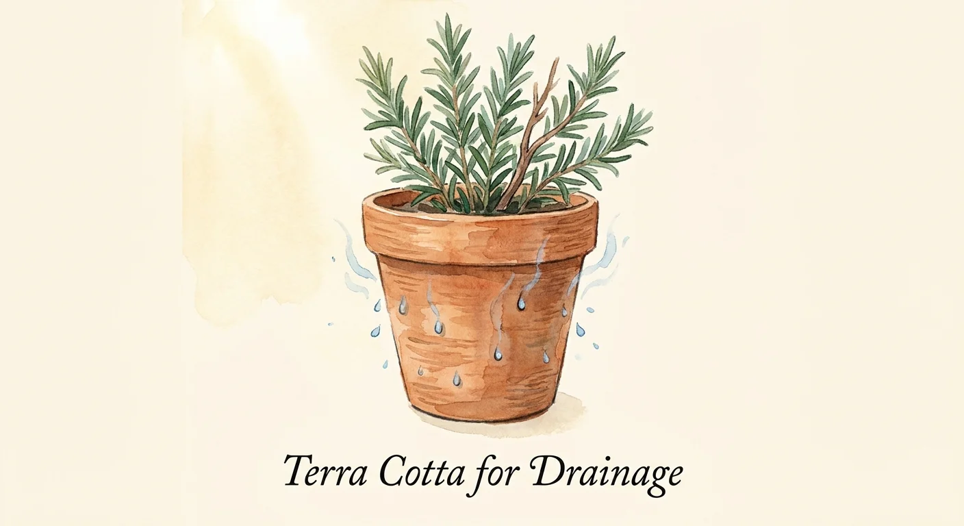 Watercolor painting of a rosemary plant in a classic orange terra cotta pot, showing the plant's needle-like leaves and woody stems.