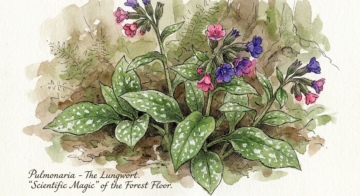 Watercolor painting of Lungwort plants showing silver-spotted leaves and flowers shifting from pink to blue.