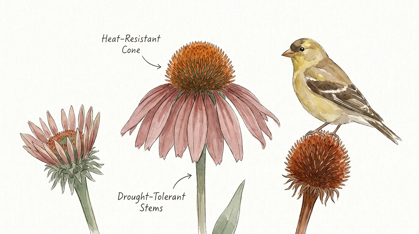 Watercolor painting of purple coneflowers with an orange central cone and a bird perched on one stem.