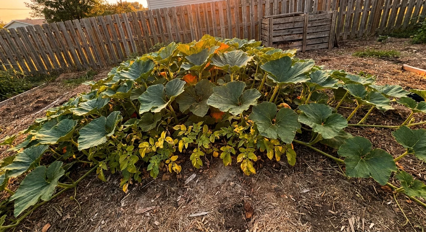 Wide garden shot showing large pumpkin leaves completely shading out and smothering a row of potato plants.