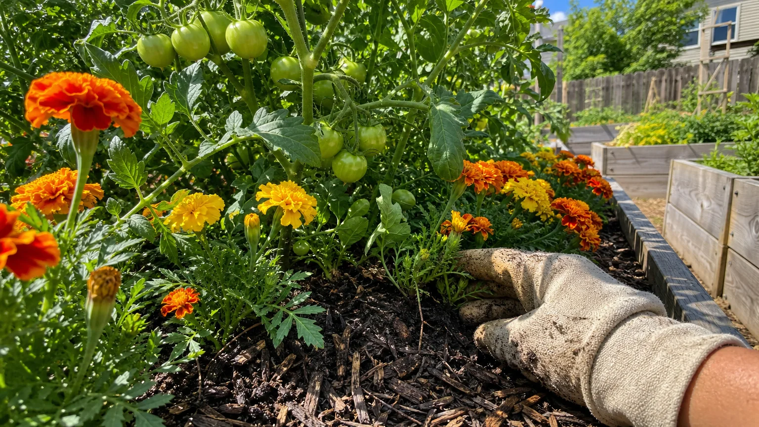 A backyard snapshot of bright orange marigolds planted next to green tomato plants in a wooden raised bed.