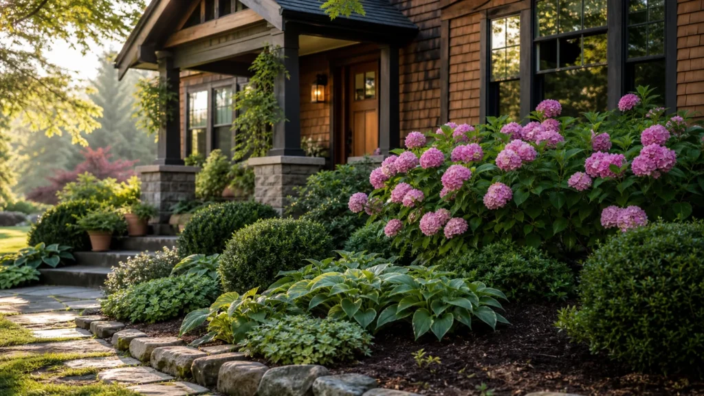 A beautiful, layered foundation garden with hostas, hydrangeas, and boxwoods lining the front of a craftsman house.