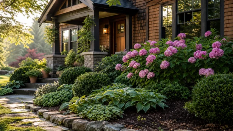A beautiful, layered foundation garden with hostas, hydrangeas, and boxwoods lining the front of a craftsman house.