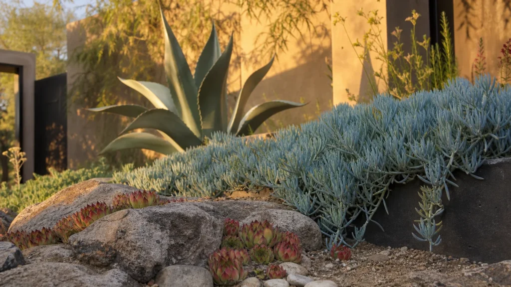 A beautiful, low-water front yard rock garden filled with thriving succulents, agaves, and blue groundcovers under warm golden hour light.