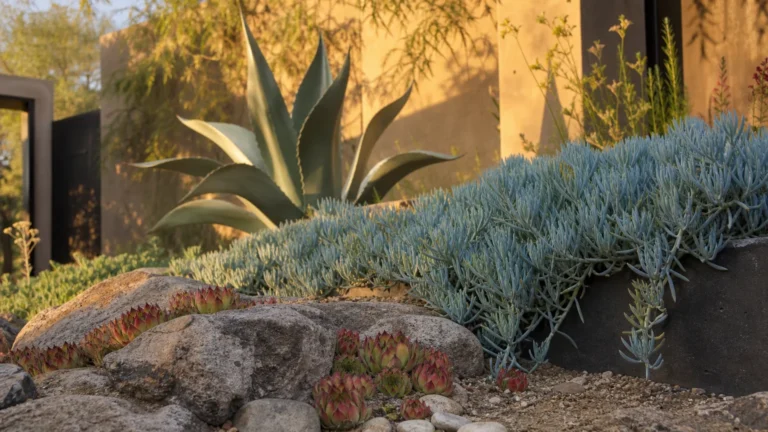 A beautiful, low-water front yard rock garden filled with thriving succulents, agaves, and blue groundcovers under warm golden hour light.