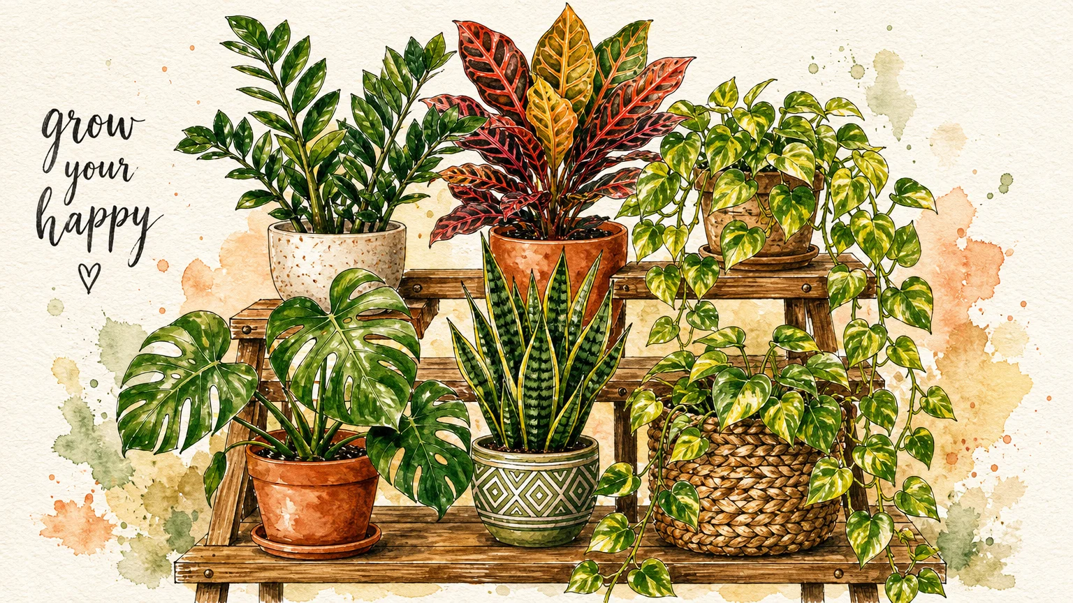 A beautiful watercolor illustration of a diverse indoor garden with various plants arranged on a wooden stand.