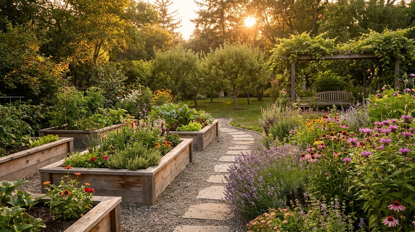 A beautiful, wide landscape photograph of a fully integrated backyard garden sanctuary glowing in the soft light of sunset.