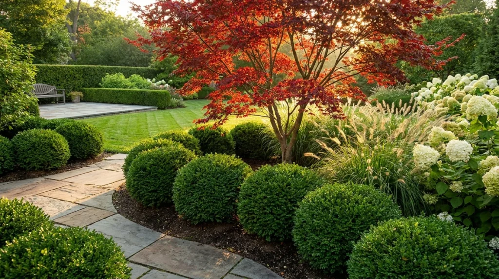 A beautifully landscaped residential garden at golden hour featuring a stone pathway, a red Japanese maple, and lush green hedges.