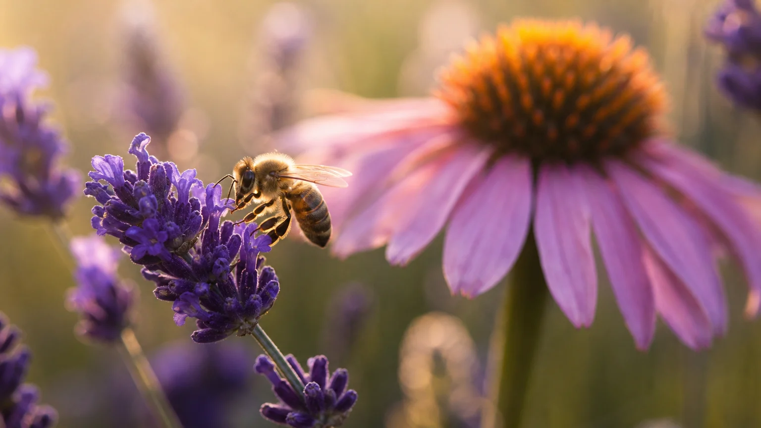 A bee on a purple lavender stem with pink coneflowers in the soft-focus background during sunset.