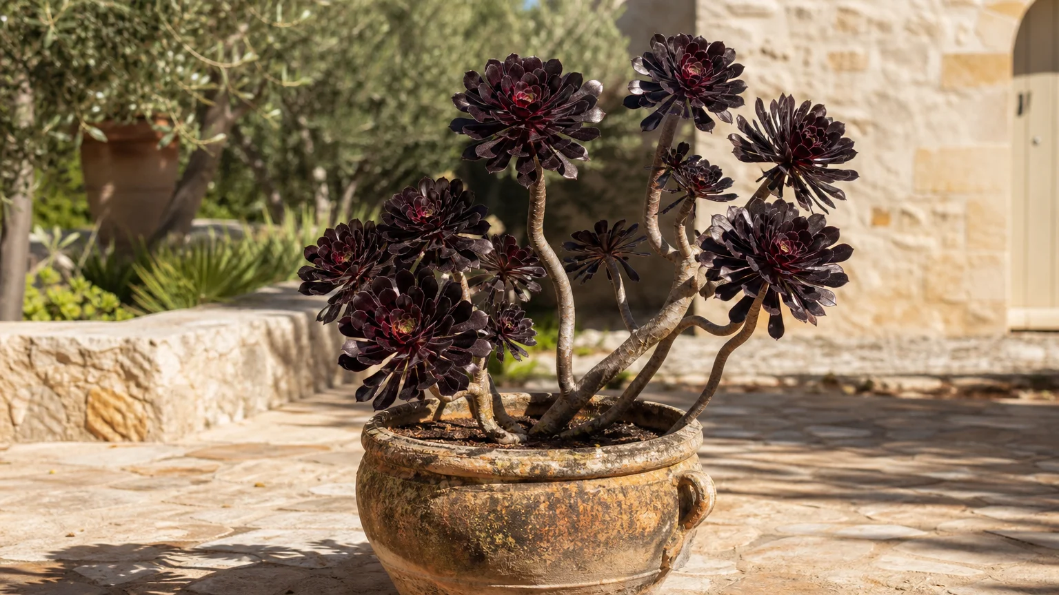 A Black Rose Aeonium succulent with deep burgundy-black rosettes in a terracotta pot on a sun-drenched stone patio.