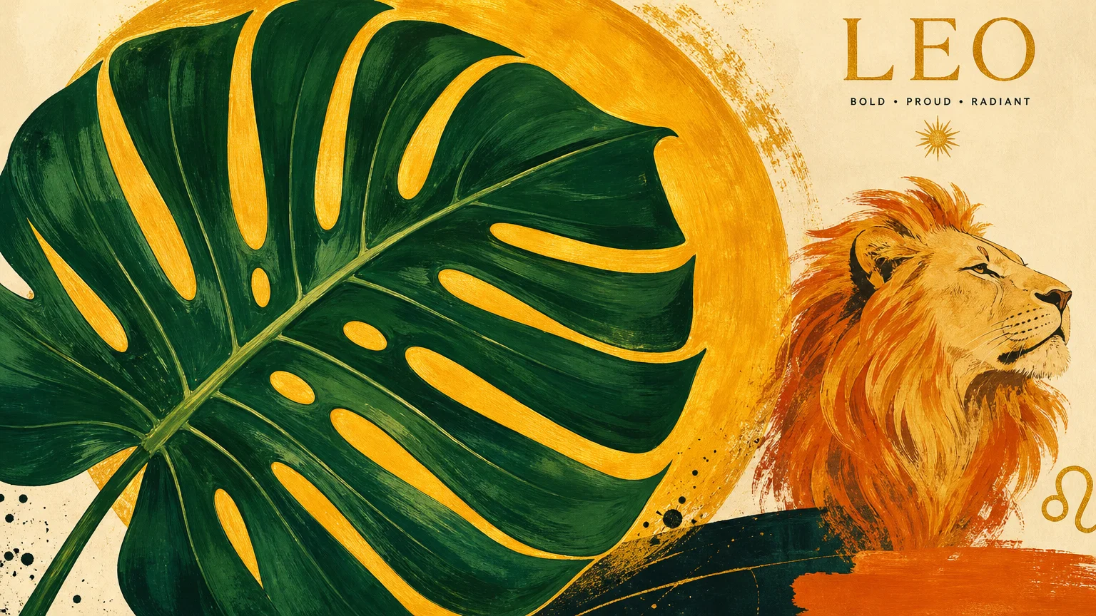 A bold gouache illustration of a large green monstera leaf set against a blazing golden sun-like circular background.