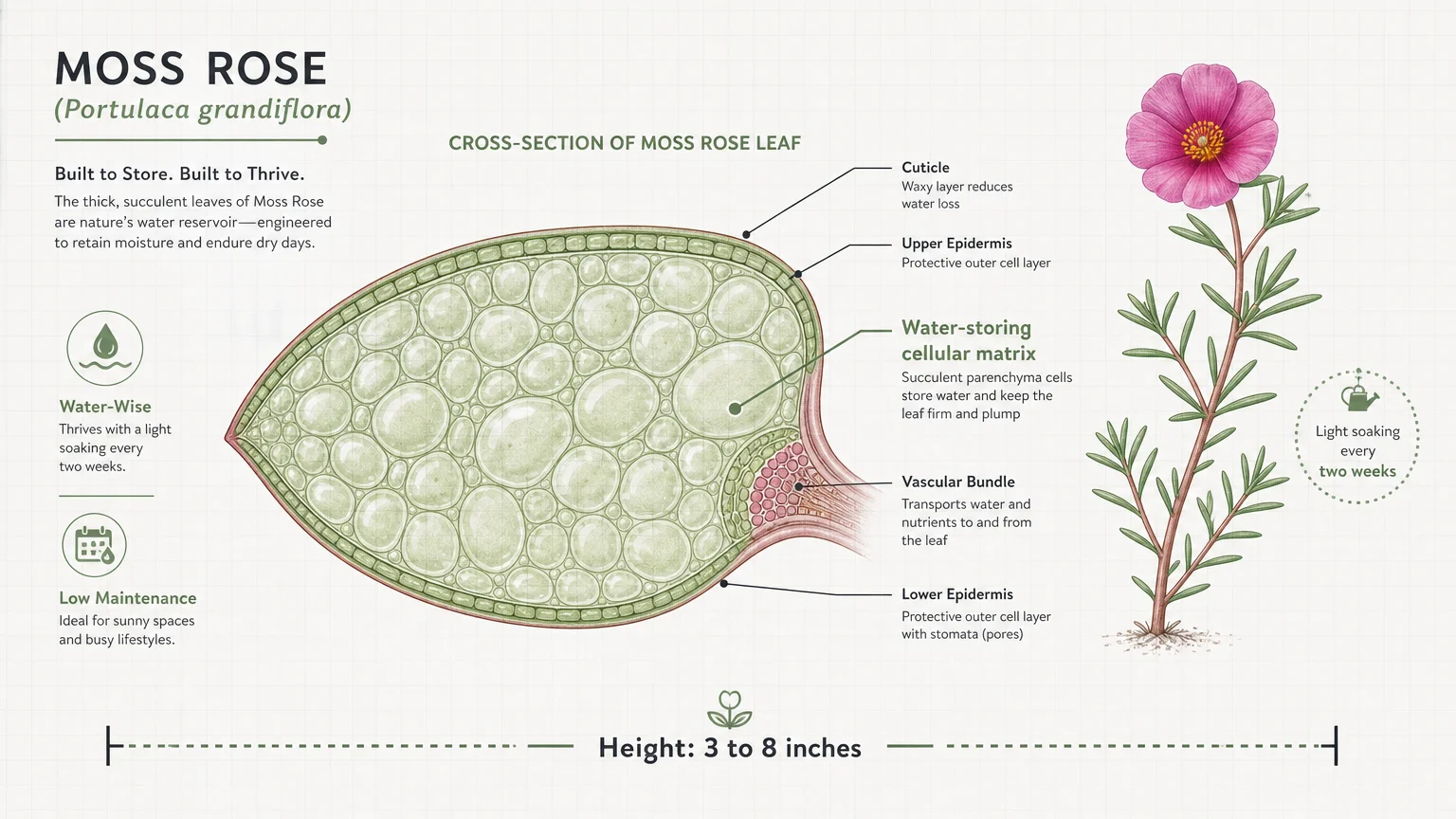 A botanical diagram showing a cross-section of a fleshy Moss Rose leaf with labels explaining its cellular water-storing structure.