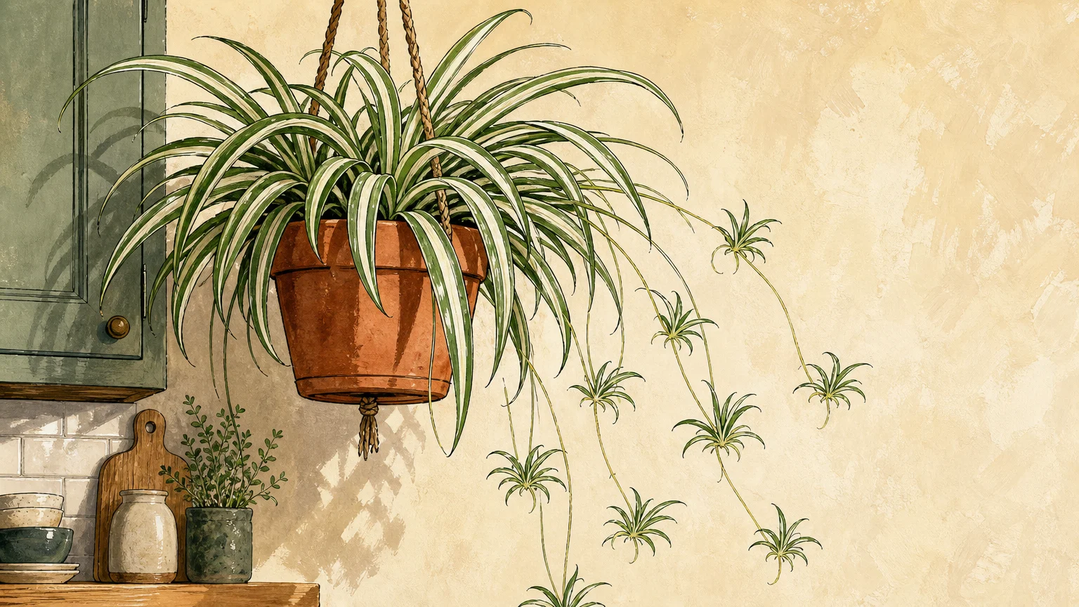 A botanical gouache illustration of a cascading spider plant in a hanging terracotta pot against a warm cream background.