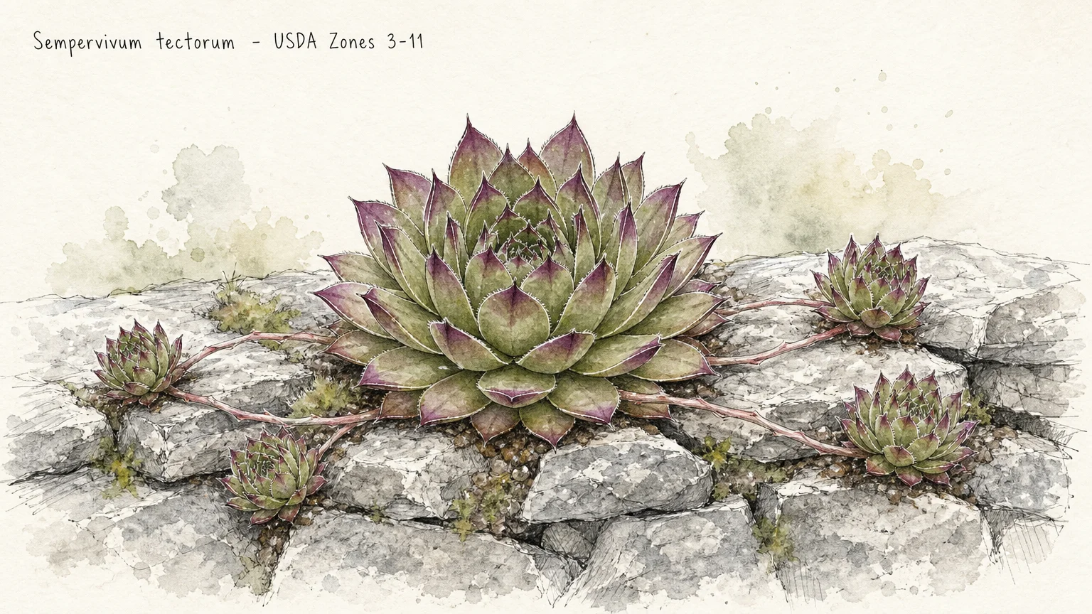 A botanical watercolor illustration of a parent Hens and Chicks succulent sending out runners to produce small baby rosettes over stones.